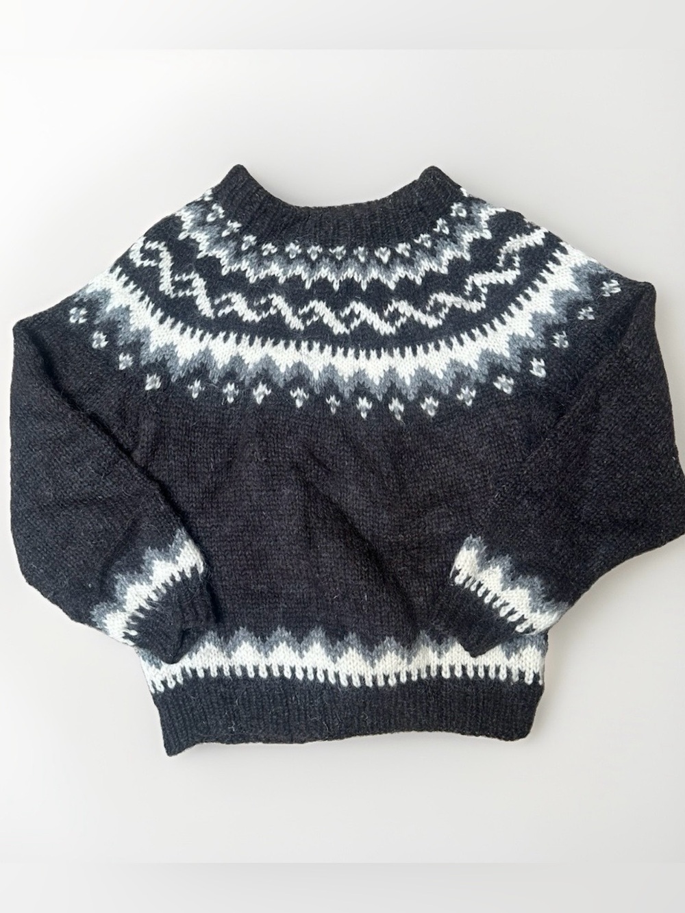 Hand Knit 100% Wool Nordic Icelandic Fair Isle Fisherman Sweater Size L Chunky